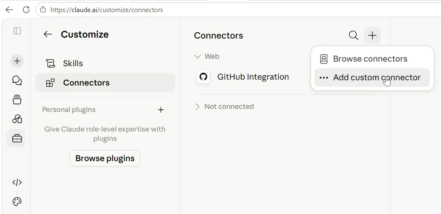 The Claude connectors page with the Add custom connector menu item open