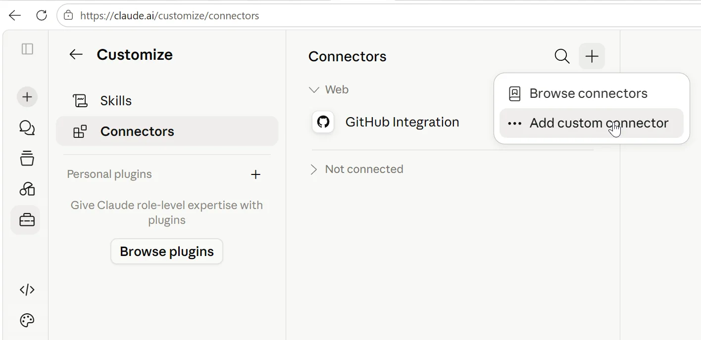 The Claude connectors page with the Add custom connector menu item open